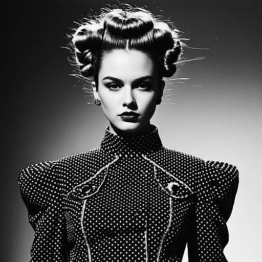 Vintage Hollywood Glamour Woman Black and White Portrait with Polka Dot Dress