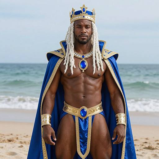 Regal Man in Blue and Gold Royal Costume on Beach