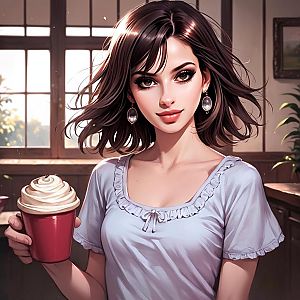 Young Woman with Red Cup in Cozy Setting