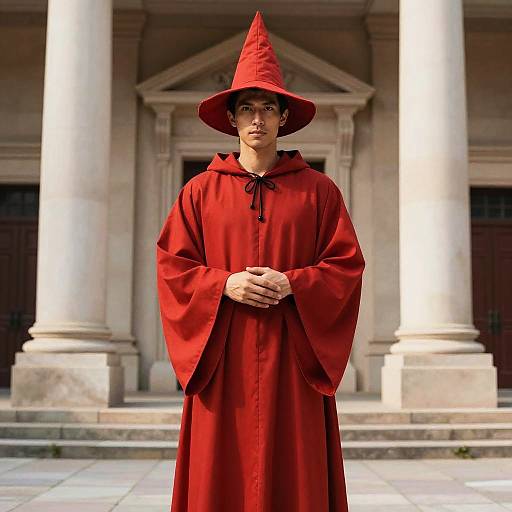 Man in Red Wizard Costume with Pointed Hat Standing by Classical Building