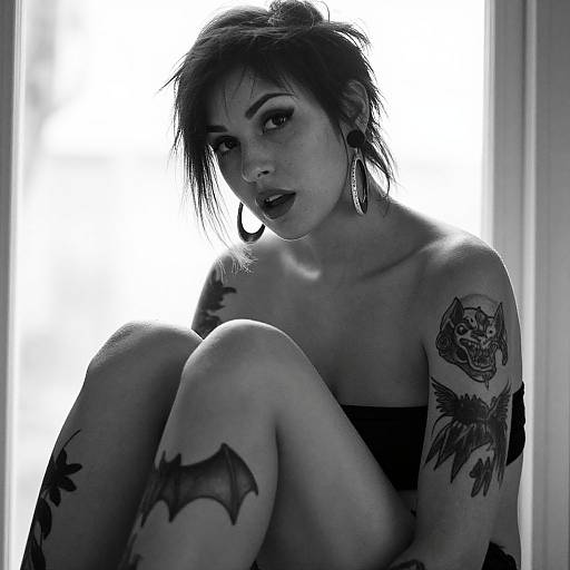 Black and White Portrait of Tattooed Woman with Hoop Earrings