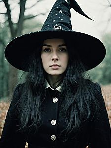 Portrait of Woman in Classic Witch Costume with Star-Patterned Hat