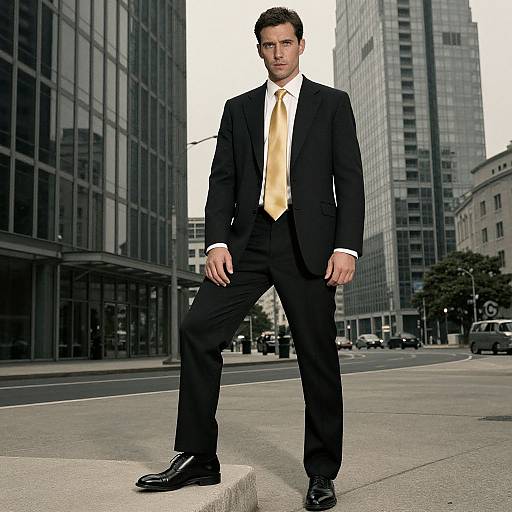 Confident Businessman in Black Suit with Gold Tie on City Street