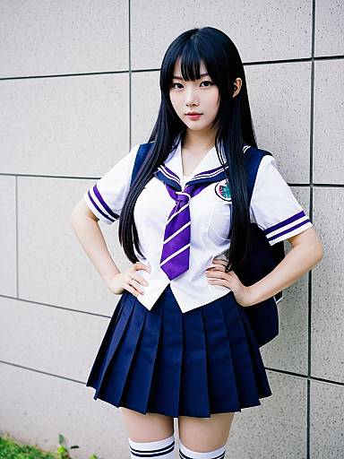 Japanese Schoolgirl in Anime-Inspired Uniform with Purple Accents