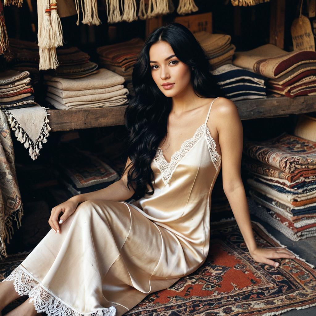 Elegant woman in cream slip dress on patterned rug