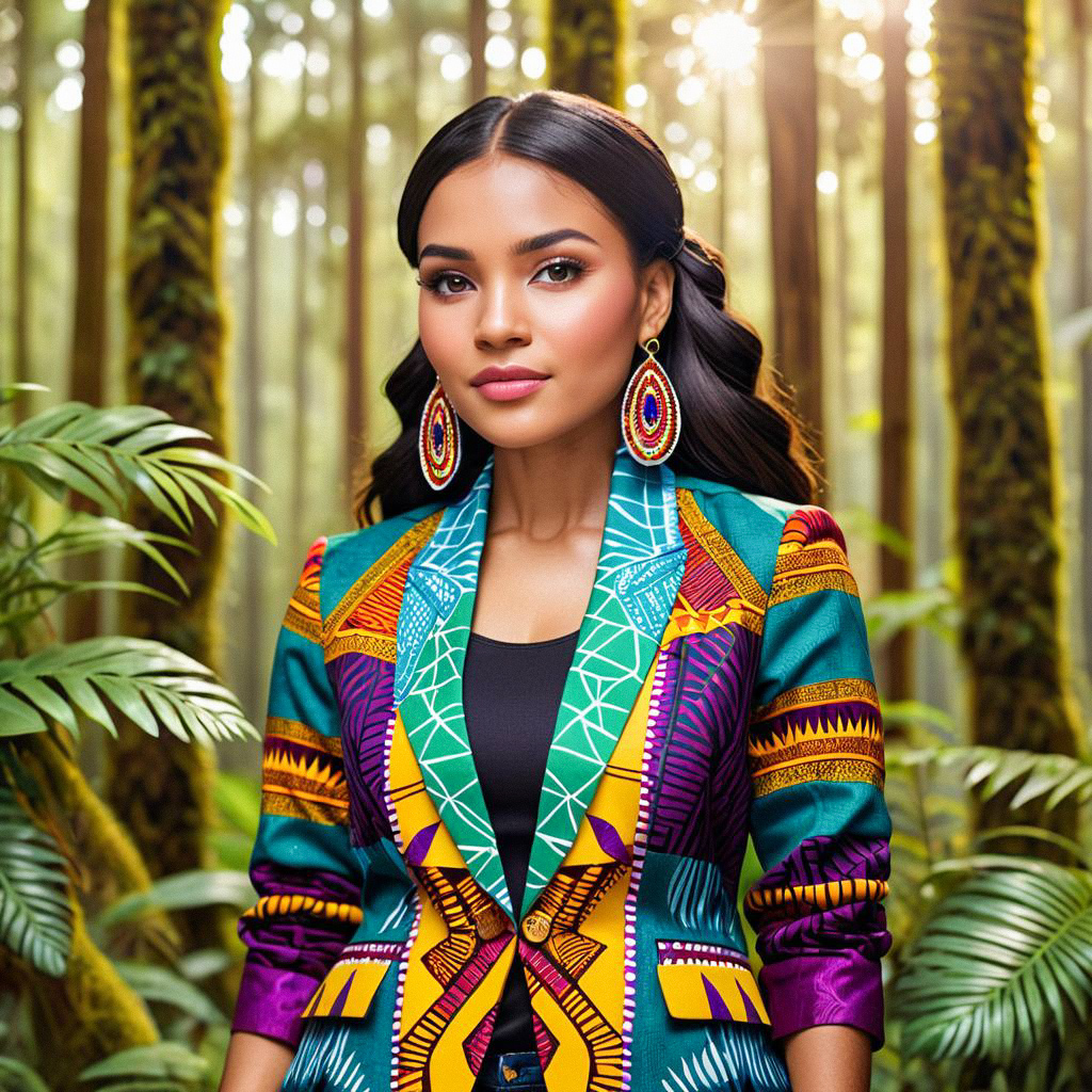 Woman in Colorful Blazer in Forest