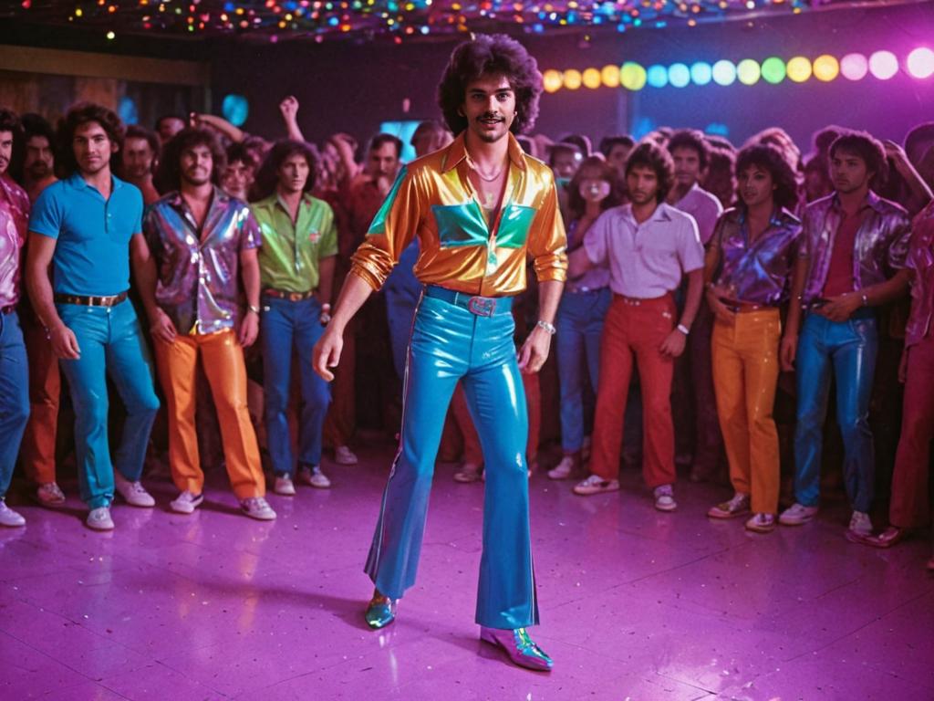 Vibrant 70s Disco Scene with Dancing Man in Gold Shirt