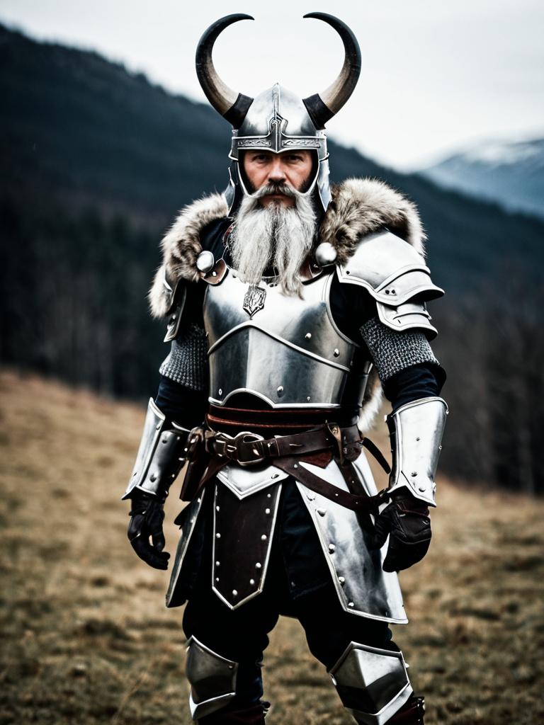 Realistic Viking Warrior in Full Armor with Fur and Horned Helmet