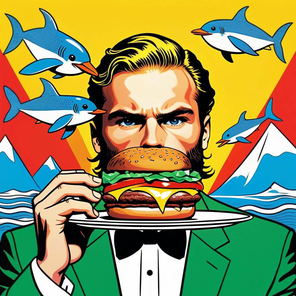 Confident Man with Cheeseburger and Dolphins Confident Man with Cheeseburger and Dolphins