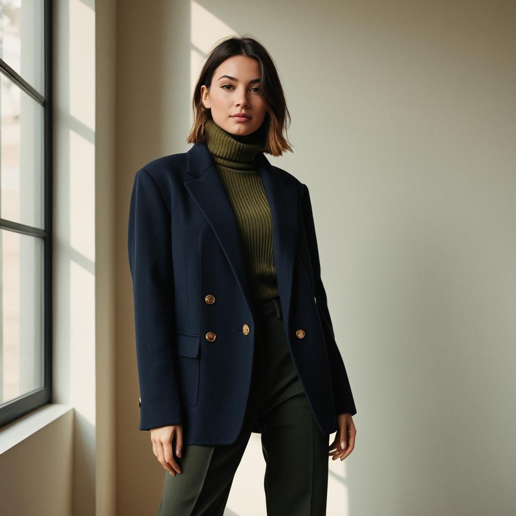 Confident Woman Wearing Navy Blazer and Olive Green Turtleneck Indoor Fashion Portrait