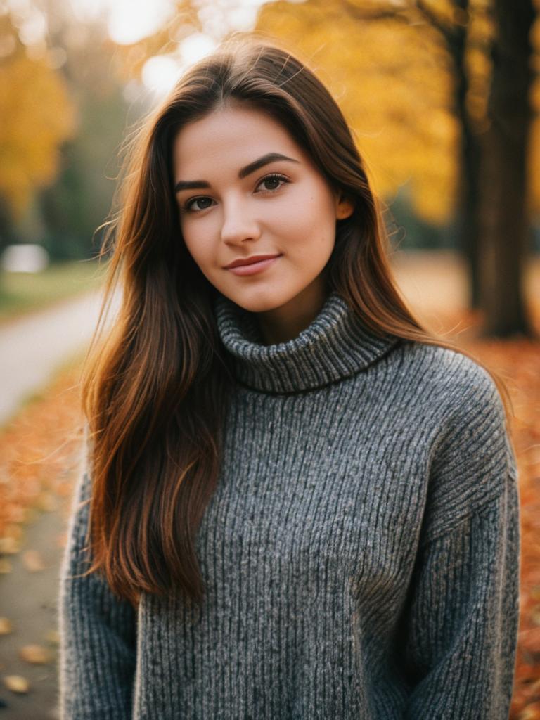 Portrait of Young Woman in Gray Turtleneck Sweater in Autumn Park Portrait of Young Woman in Gray Turtleneck Sweater in Autumn Park
