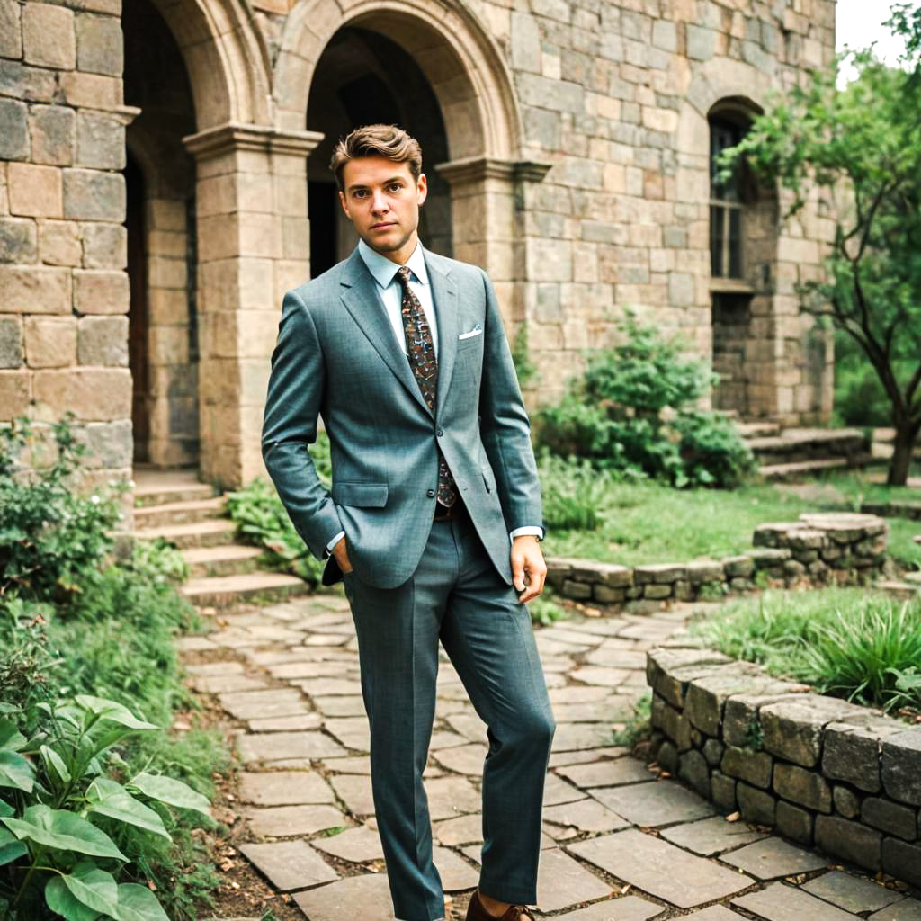 Dapper Man in Grey Suit by Historic Building