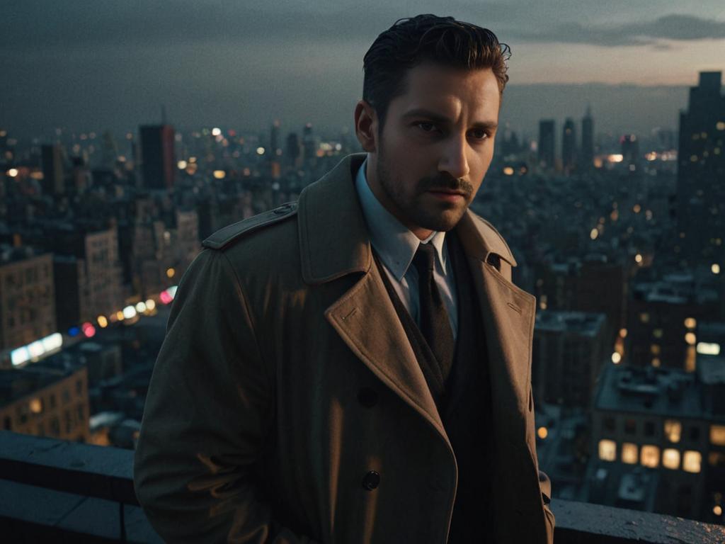 Pensive Man on Rooftop at Night with City Lights