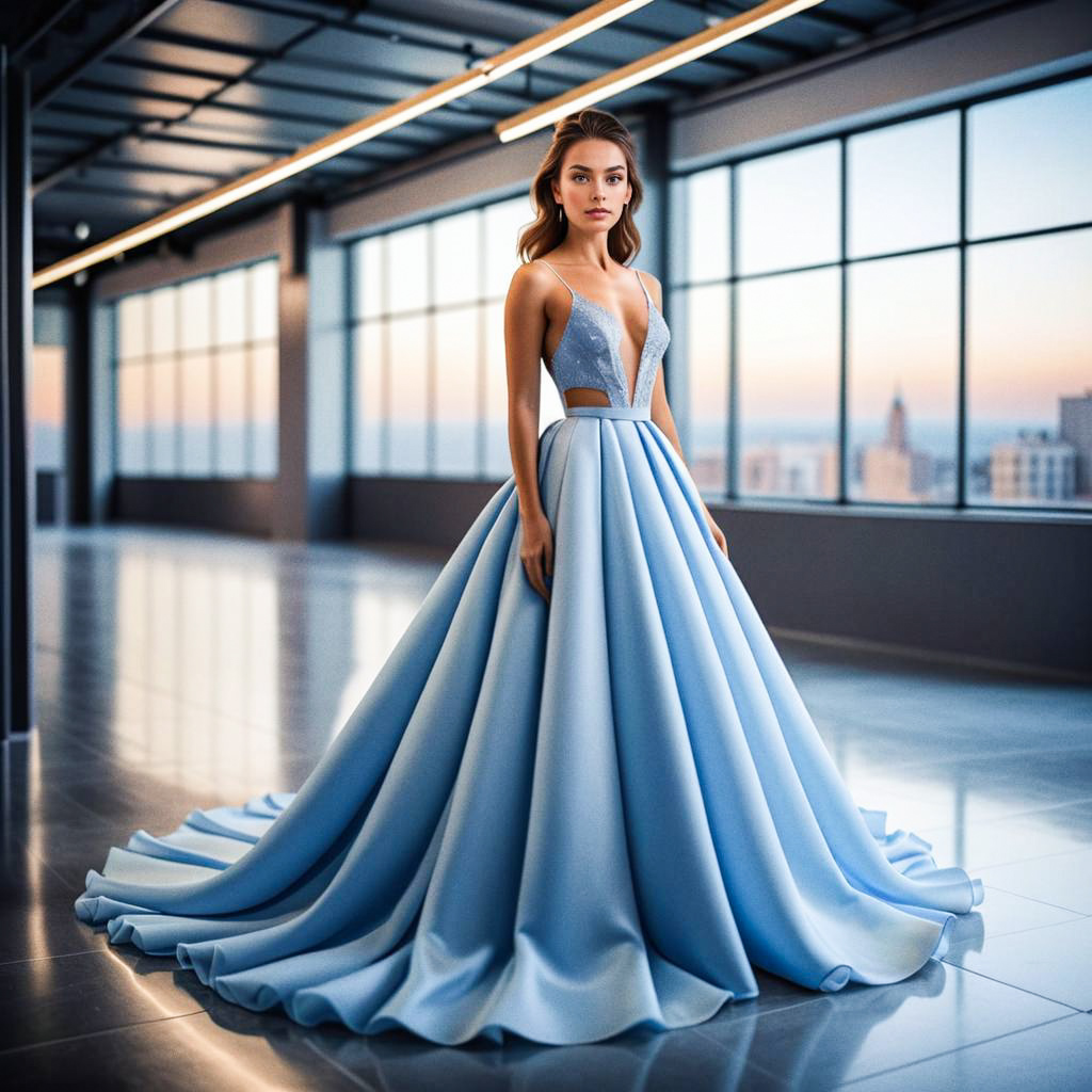 Elegant Woman in Light Blue Gown at Golden Hour