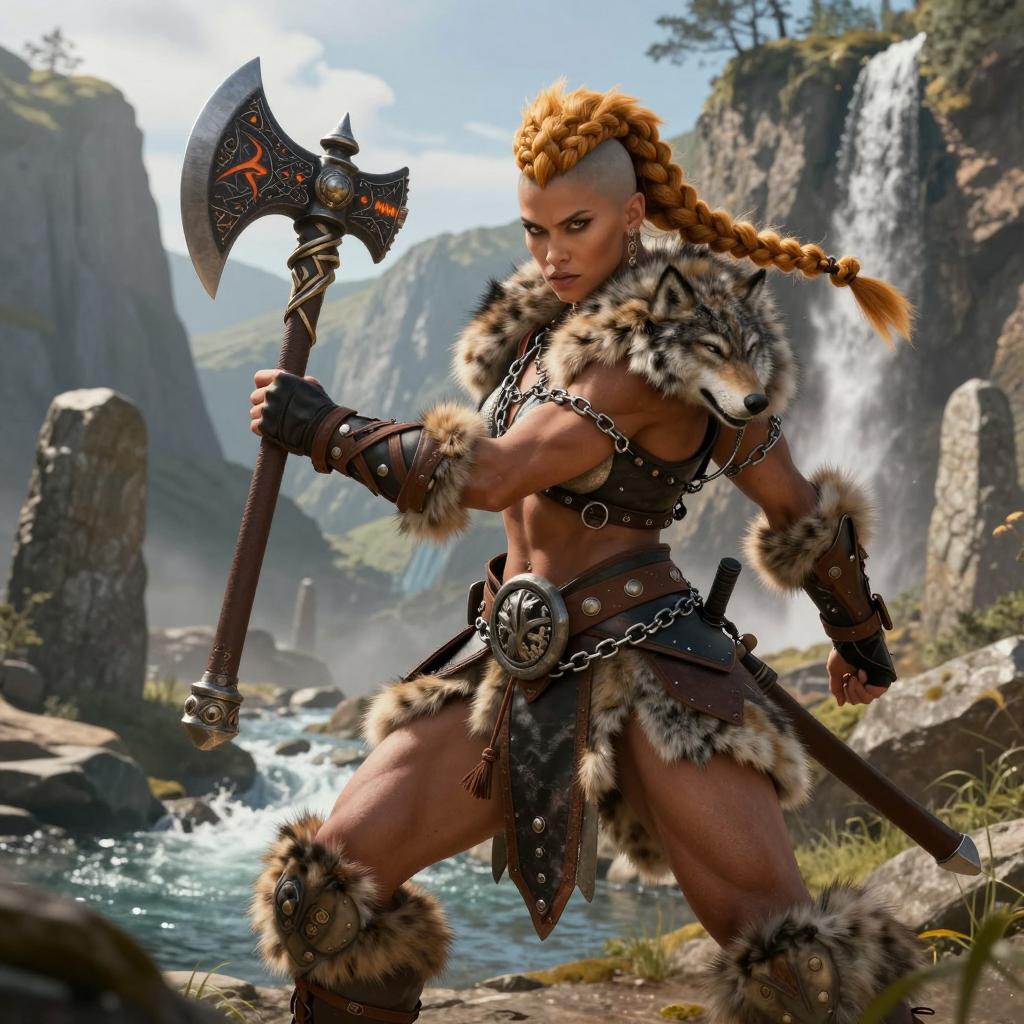 Fierce Barbarian Woman Warrior with Battle Axe in Scenic Waterfall Landscape