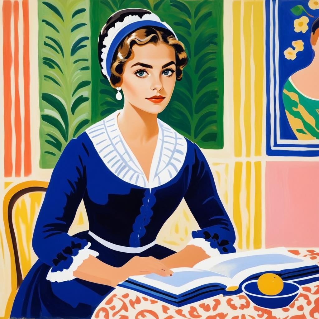 Vintage Woman in Blue Dress with Book and Orange