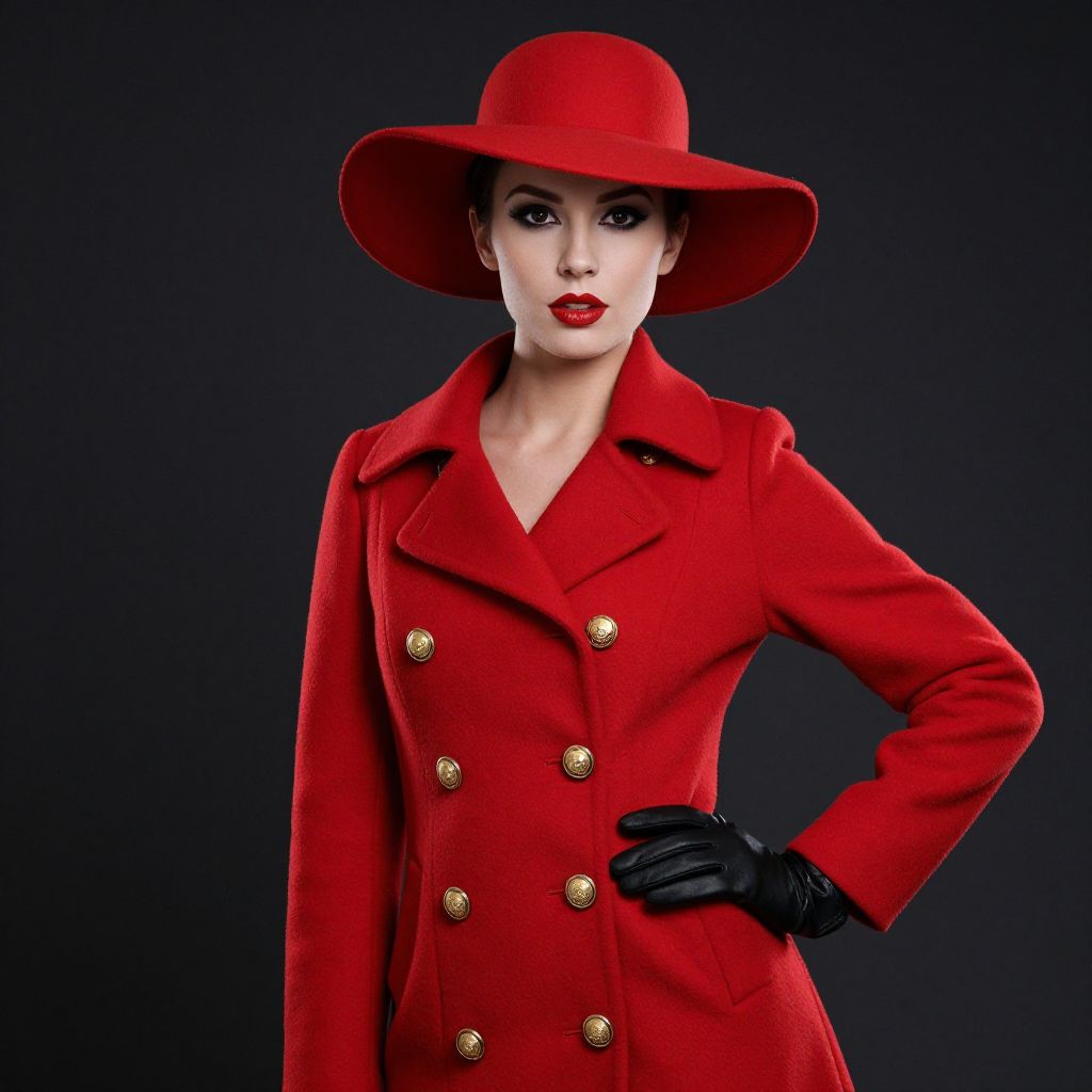 Elegant Woman in Red Vintage Coat and Wide-Brimmed Hat