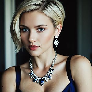 Elegant Woman with Shaved Side Blonde Hairstyle Wearing Blue Gemstone Jewelry