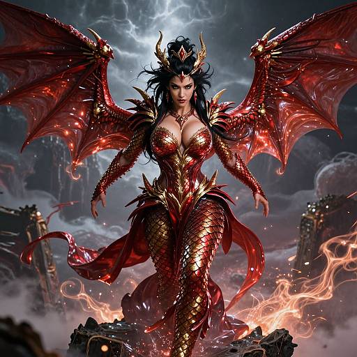 Dragon Warrior Woman in Red and Gold Armor with Wings Fantasy Art