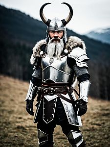 Realistic Viking Warrior in Full Armor with Fur and Horned Helmet