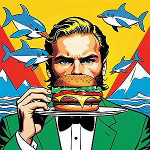 Confident Man with Cheeseburger and Dolphins