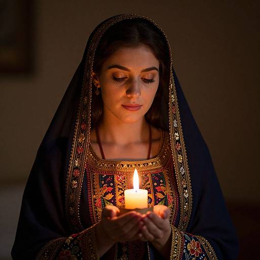 Woman in Traditional Embroidered Dress Holding Candle Light