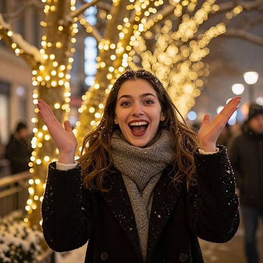 Joyful Woman Celebrating Winter Night with Festive Lights and Snow