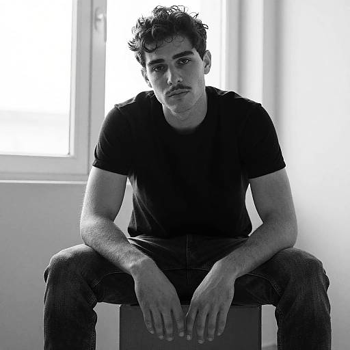 Black and White Portrait of Thoughtful Young Man Sitting Indoors