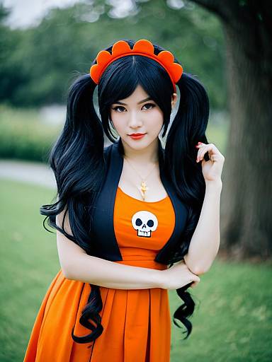 Woman in Orange Dress with Skull Emblem and Black Pigtails Outdoor Portrait
