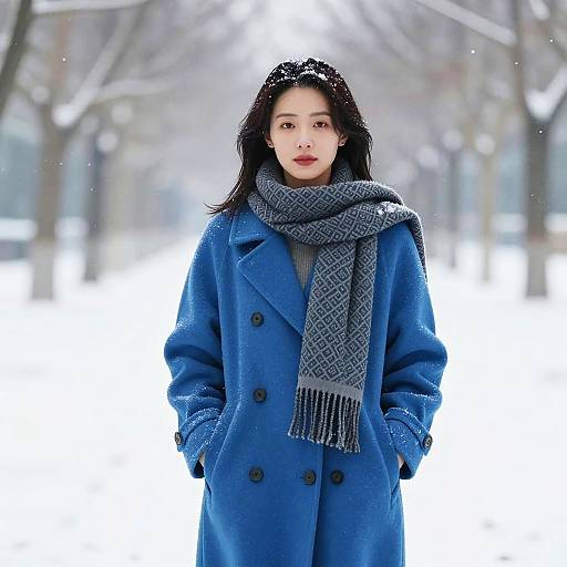Young Woman in Blue Coat and Gray Scarf Outdoors in Snow