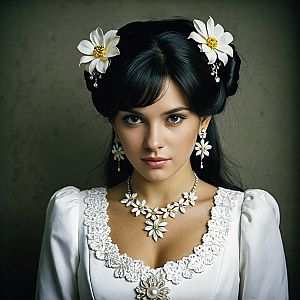 Young Woman in Vintage White Gown with Floral Jewelry