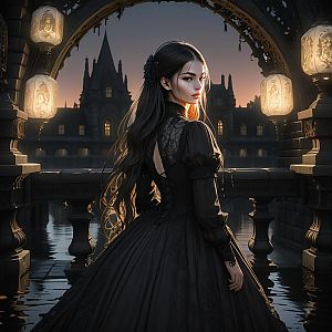 Woman in Black Victorian Gown by Waterway at Dusk