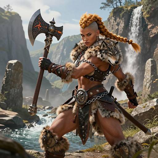 Fierce Barbarian Woman Warrior with Battle Axe in Scenic Waterfall Landscape