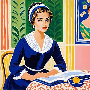 Vintage Woman in Blue Dress with Book and Orange