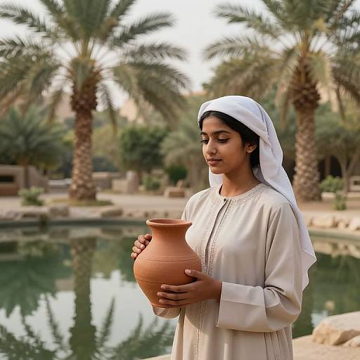 Middle Eastern Woman Holding Clay Pot by Desert Oasis with Palm Trees