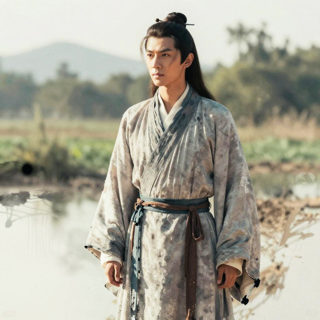 Young Man in Traditional East Asian Robes by Riverside