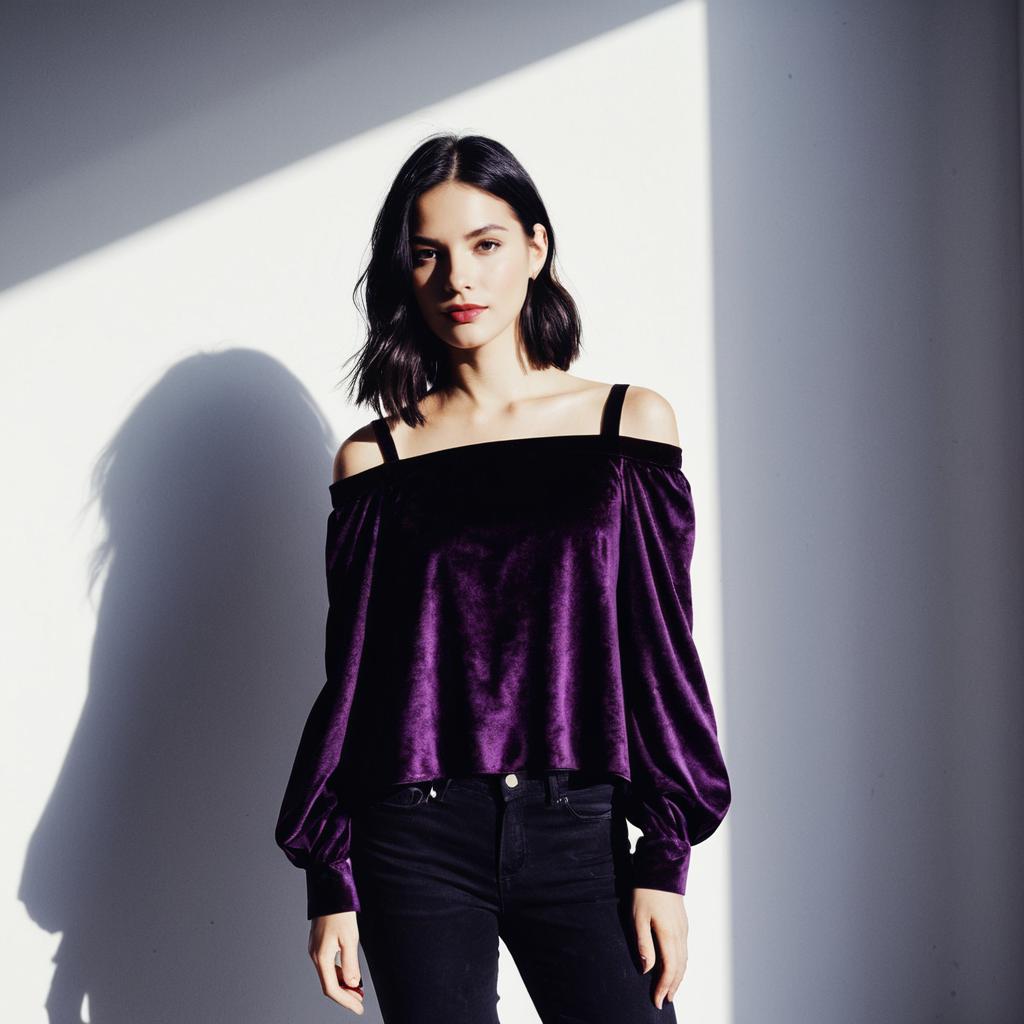 Elegant Woman Wearing Purple Velvet Off-Shoulder Top Fashion Portrait