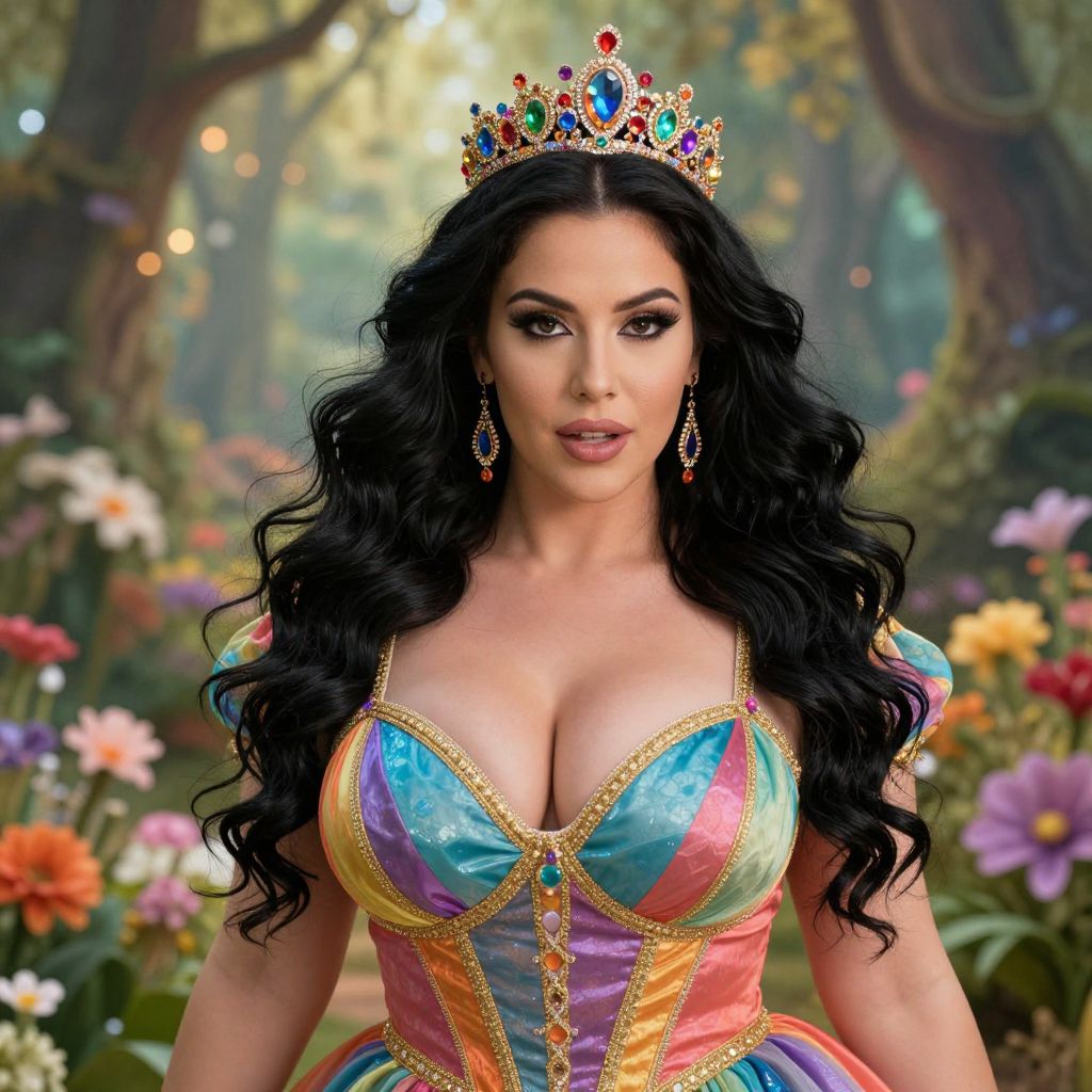 Glowing Princess in Colorful Gown and Jeweled Tiara in Enchanted Forest