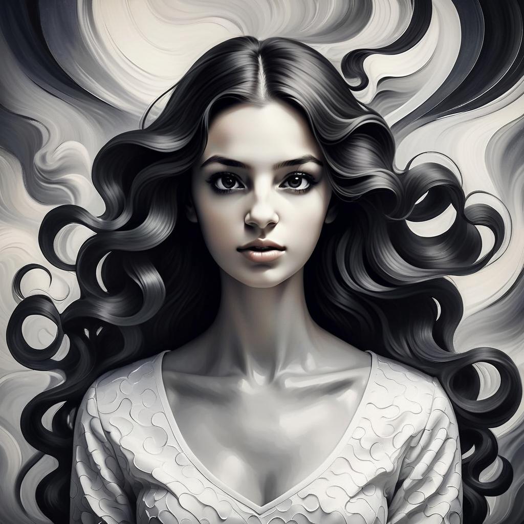 Digital Surreal Portrait of Woman with Flowing Hair and Abstract Background
