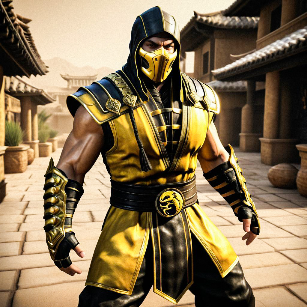 Man as Scorpion from Mortal Kombat in Asian Setting