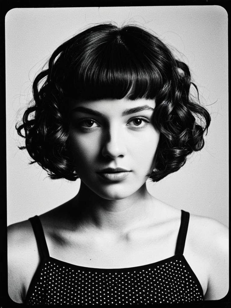 Black and White Portrait of Woman with Curly Hair and Polka Dot Top
