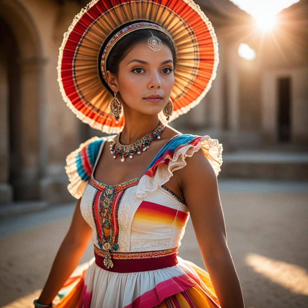 Woman in Vibrant Traditional Attire at Sunset