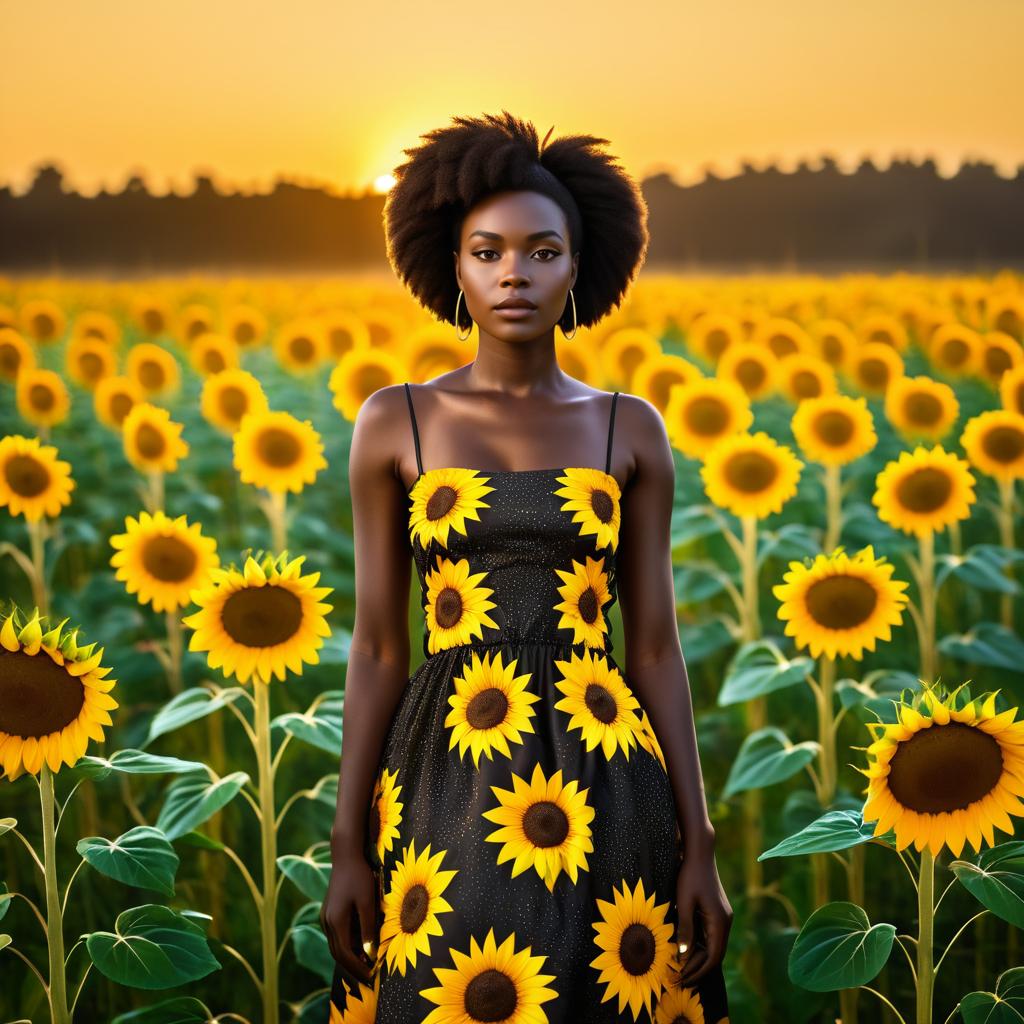 Woman in Floral Dress in Sunflower Field at Sunset