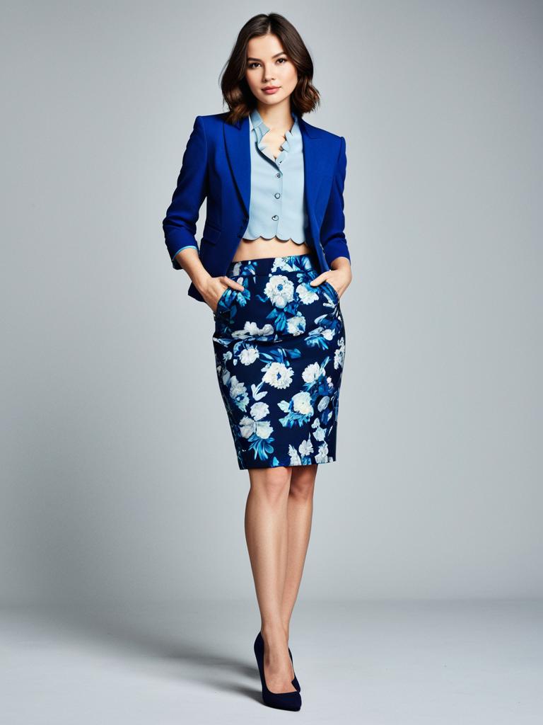 Confident Woman in Blue Blazer and Floral Skirt Fashion Outfit