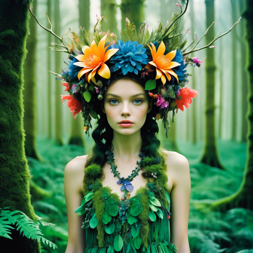 Woman with Floral Headdress in Mystical Forest