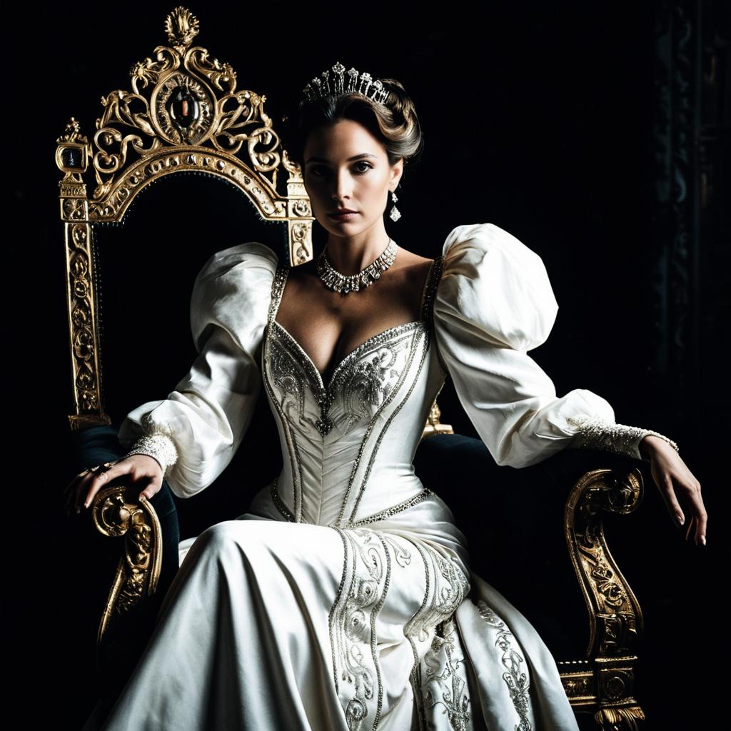 Regal Woman in Embroidered White Gown on Ornate Gold Throne