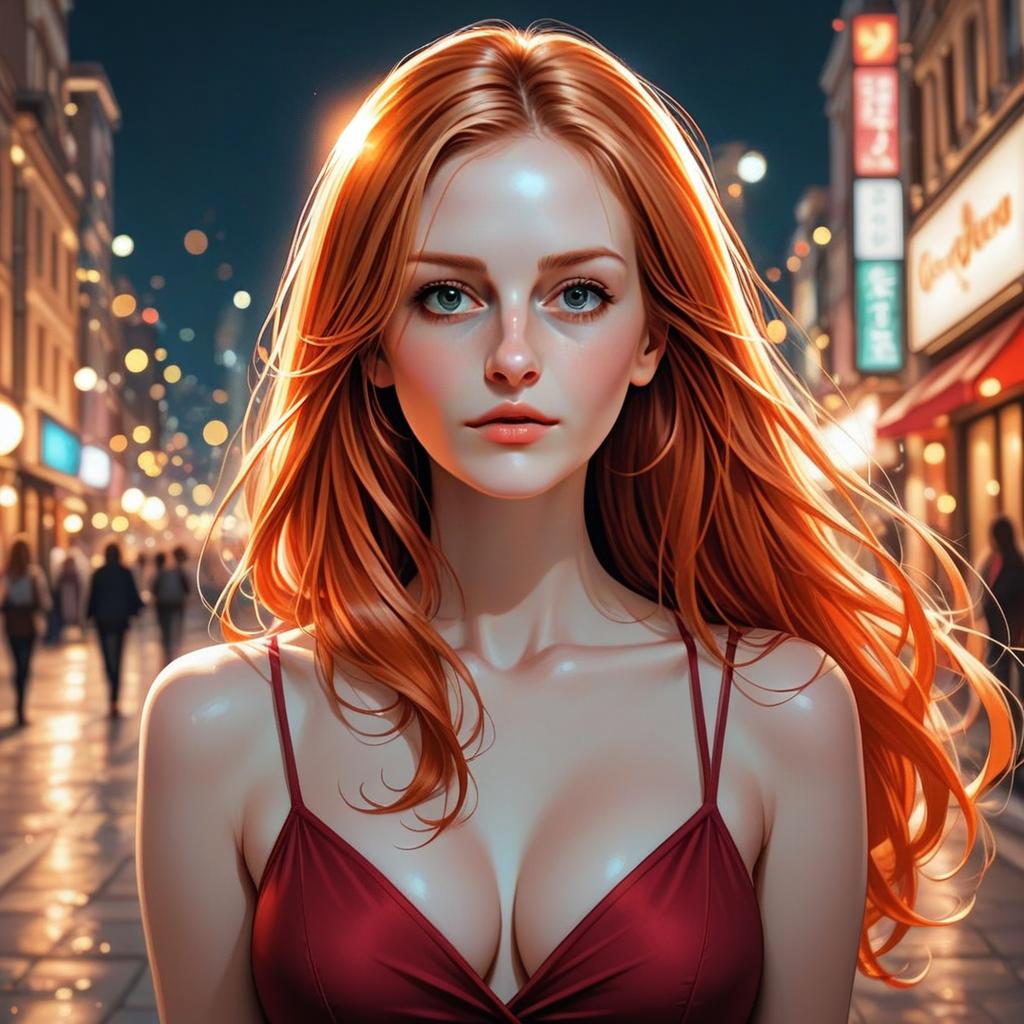 Digital Portrait of Red-Haired Woman in Vibrant Night City Street