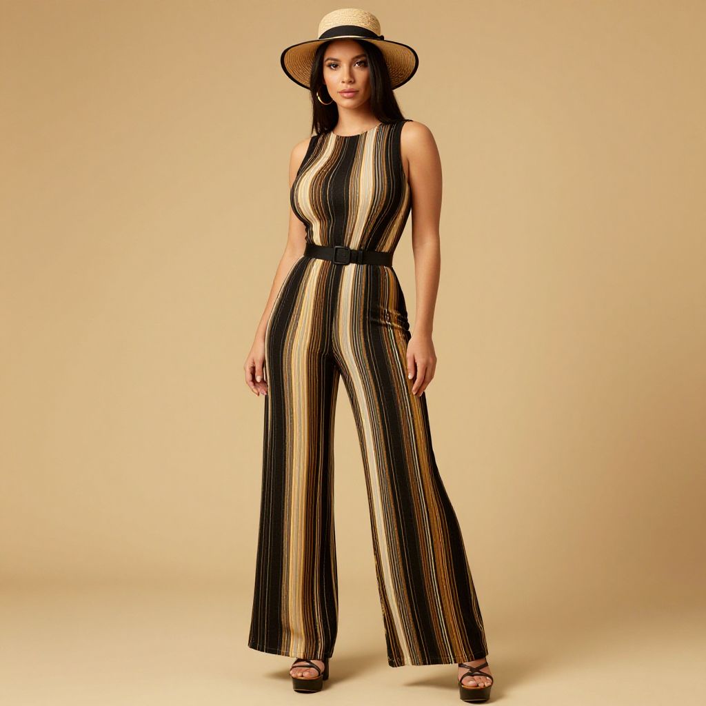 Elegant Woman in Striped Wide-Leg Jumpsuit and Straw Hat