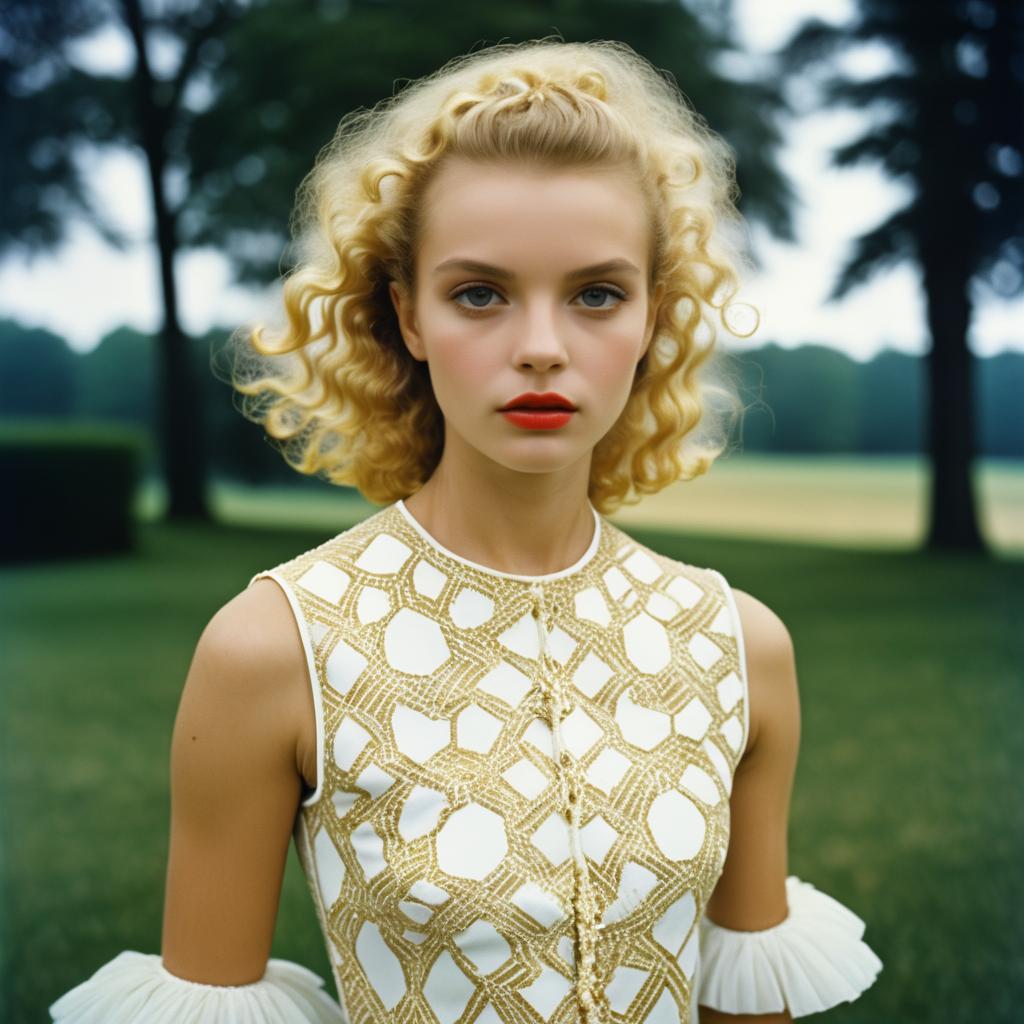 Elegant Woman with Blonde Curls in Fashion Outfit