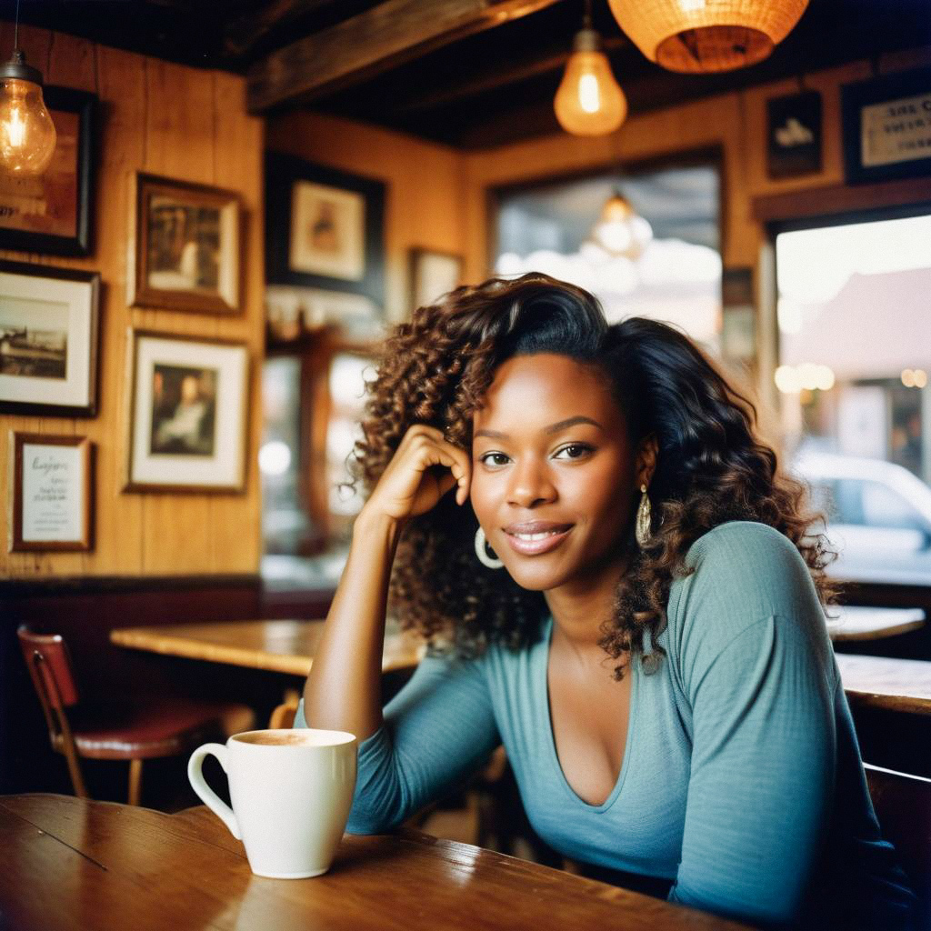 Cozy café scene with woman and coffee